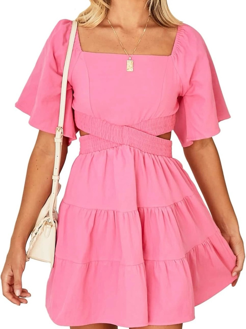 Pink Square-Neck Tiered Mini Dress